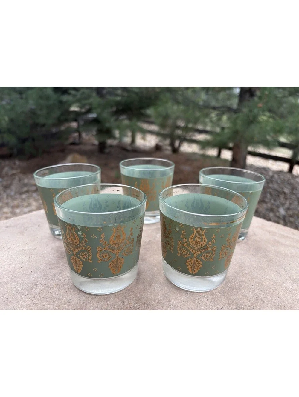 SET 5 Vintage Jeanette Glasses LAUREL & LYRE Green Gold Harp 1954 MCM